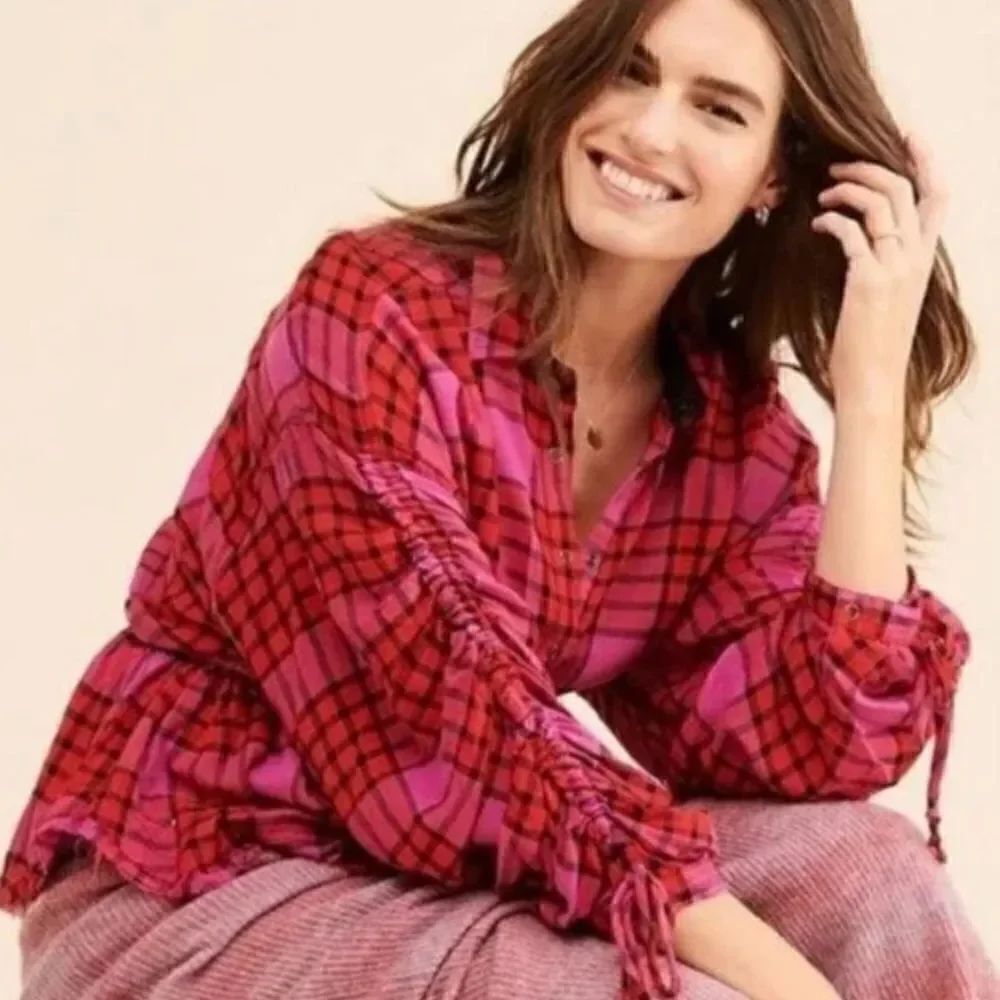 Free People We the Free Pacific Dawn Pink Red Plaid Combo Cinch Sleeve Blouse